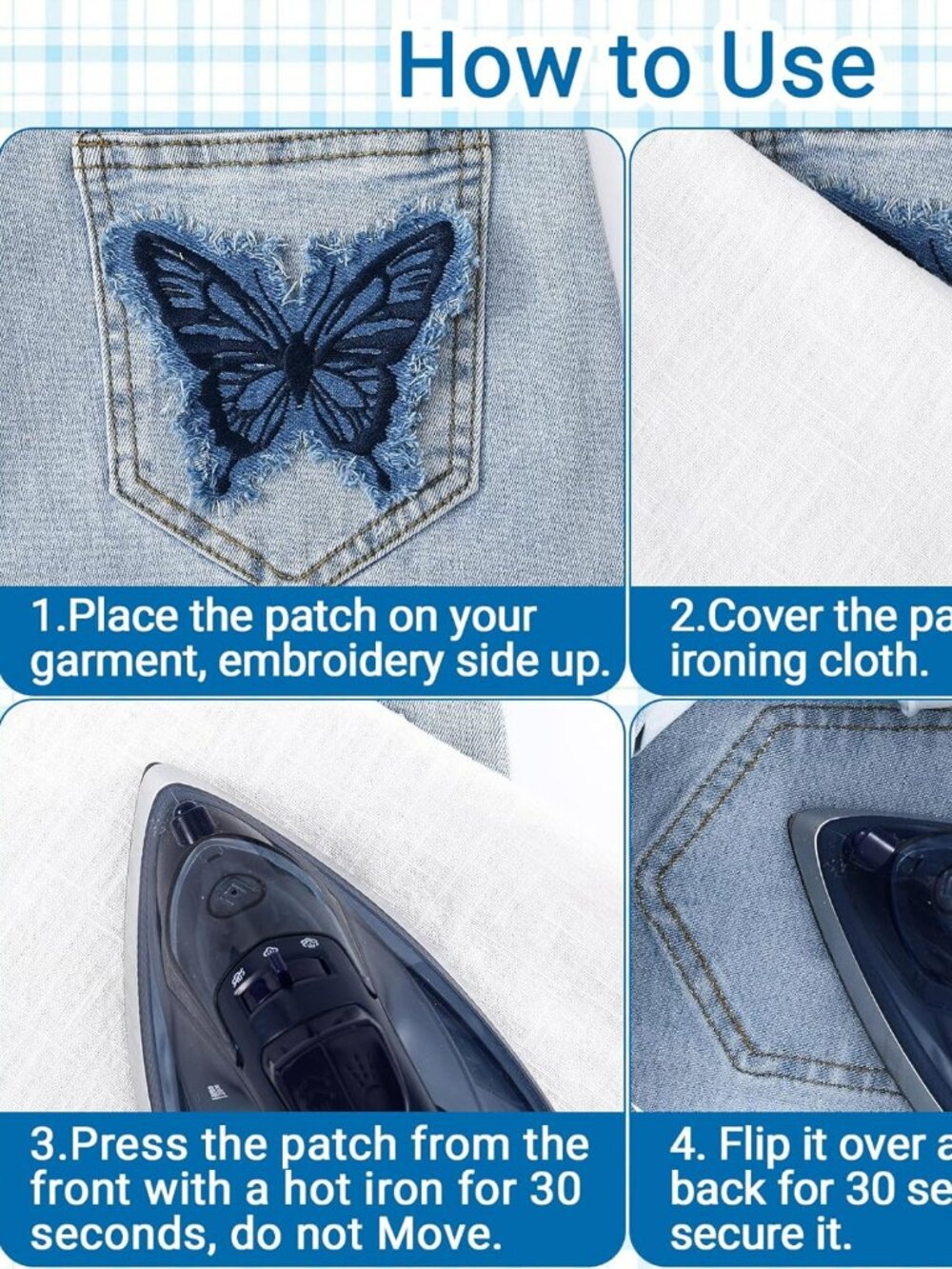 Denim Butterfly Iron on Patches Set of 3 Retro Boho for Jeans Jackets Bags Hats - Picture 3 of 5